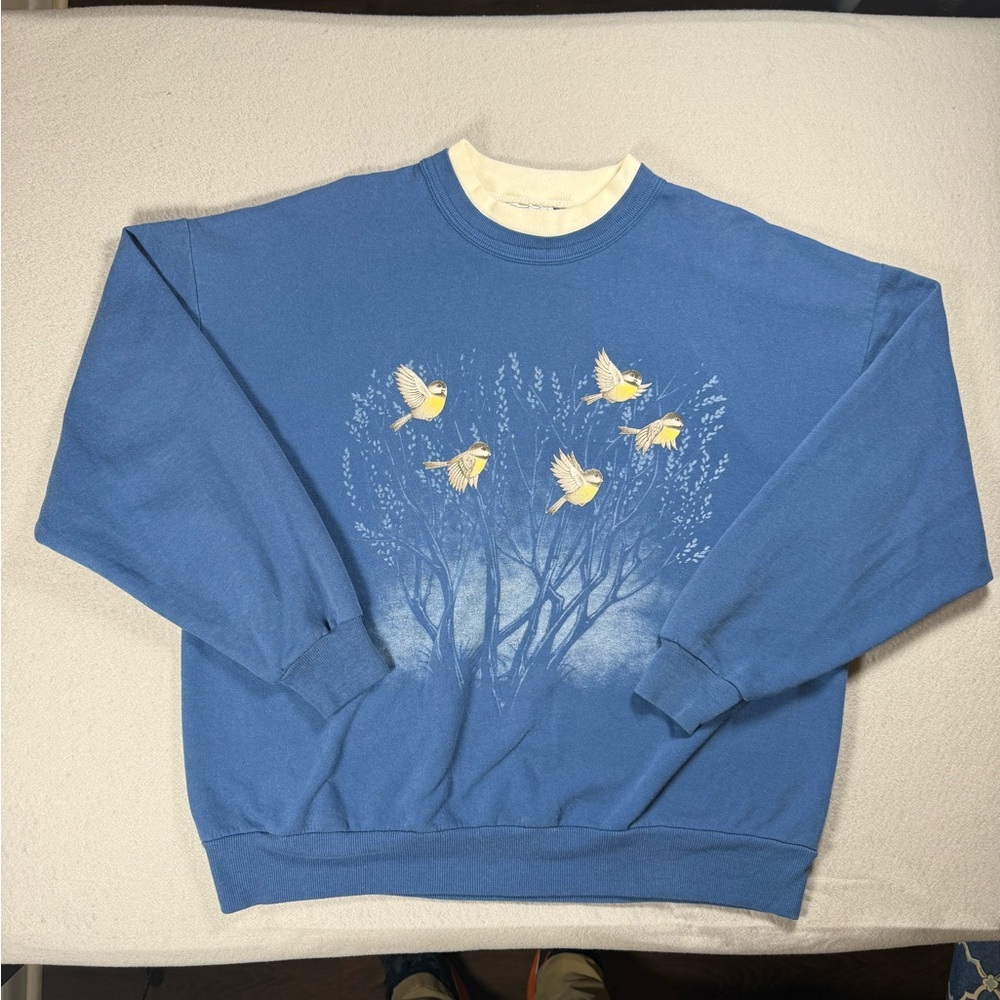 1990s Morning Sun 
Blue Pullover Grandma Sweatshirt Birds Graphic Sweatshirt